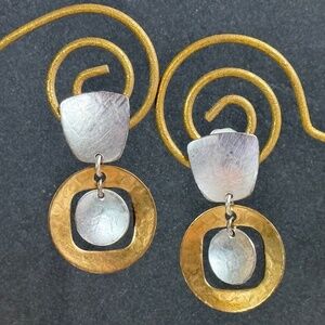 VINTAGE MB SF Earrings Clip Hammered Two Tone Metal Modern Geometric Lightweight